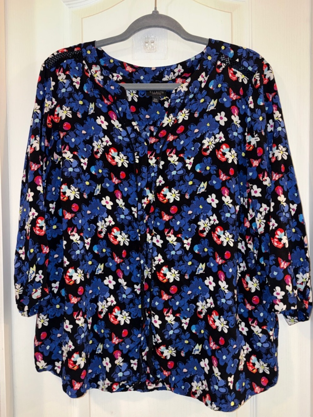 Talbots Navy Floral Button-Front V-Neck Blouse